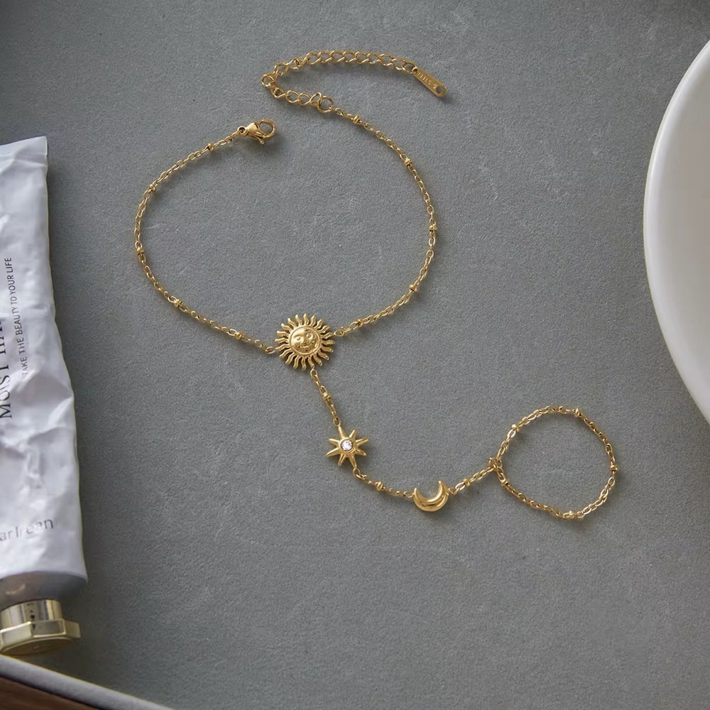 18K Gold Plated Sun and Moon Hand Chain Bracelet - Picture 2 of 7